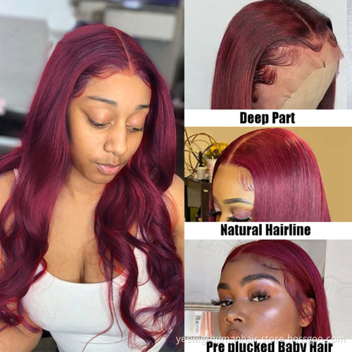 Yeswigs Cheap Body Wave 99J Red Colored Human Hair Hd Full Lace Front Wig Raw Mink Brazilian Virgin Human Hair Lace Frontal Wig